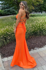 Mermaid Spaghetti Straps Orange Long Prom Dress with Criss Cross Back