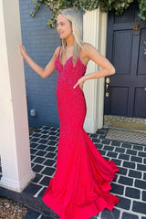 Mermaid Spaghetti Straps Red Long Prom Dress with Criss Cross Back