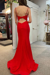 Mermaid Spaghetti Straps Red Long Prom Dress with Split Front