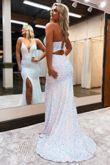 Mermaid Spaghetti Straps Royal Blue Sequins Long Prom Dress with Silt