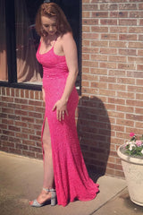 Mermaid Sparkly Pink Sequins Long Prom Dress with Slit