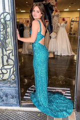 Mermaid Square Neck Sparkly Turquoise Sequins Long Prom Dress