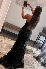 Mermaid Strapless Black Sequins Long Prom Dress with Feather