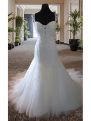 Wedding Dresses Vintage Style, Mermaid Straps Beading Court Train Tulle Wedding Dress