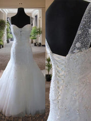 Wedding Dresses With Lace, Mermaid Straps Beading Court Train Tulle Wedding Dress