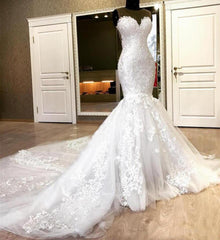 Wedding Dress For Bride And Groom, Mermaid Sweetheart Long Train Tulle Crochet Flower Wedding Dress