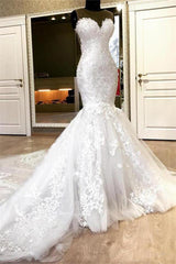 Wedding Dresses For Bride And Groom, Mermaid Sweetheart Long Train Tulle Crochet Flower Wedding Dress