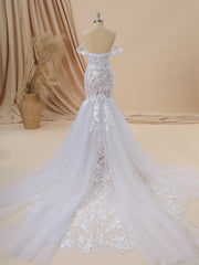 Wedding Dress 2025, Mermaid Tulle Off-the-Shoulder Appliques Lace Cathedral Train Corset Wedding Dress