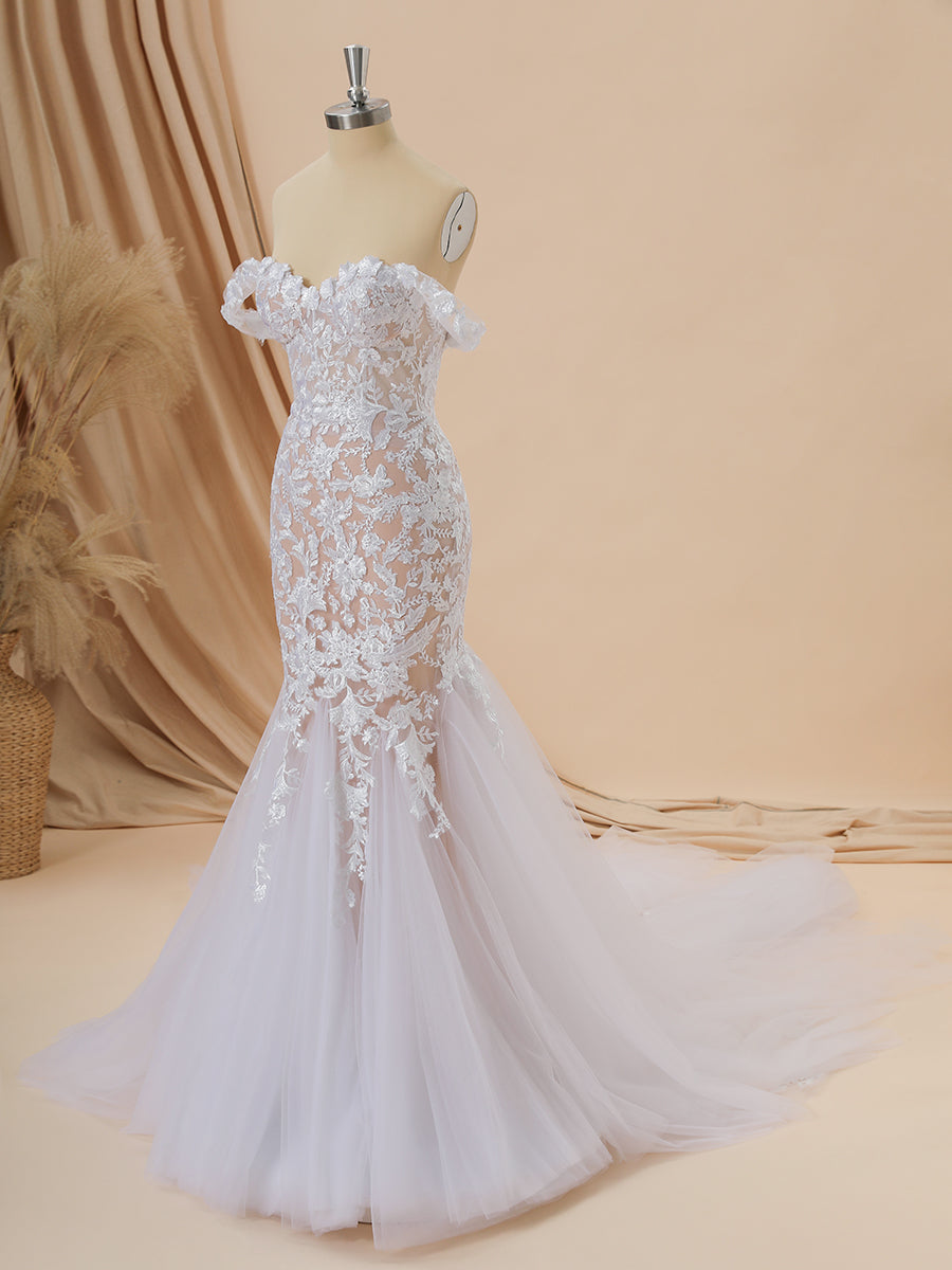 Wedding Dresses Cheaper, Mermaid Tulle Off-the-Shoulder Appliques Lace Cathedral Train Corset Wedding Dress
