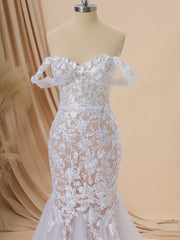 Wedding Dress Cheaper, Mermaid Tulle Off-the-Shoulder Appliques Lace Cathedral Train Corset Wedding Dress