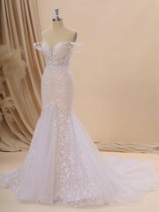 Wedding Dress Under 1001, Mermaid Tulle Off-the-Shoulder Appliques Lace Cathedral Train Corset Wedding Dress