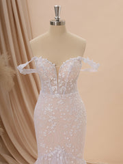 Wedding Dresses Casual, Mermaid Tulle Off-the-Shoulder Appliques Lace Cathedral Train Corset Wedding Dress