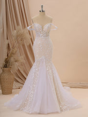 Wedding Dress Boutiques, Mermaid Tulle Off-the-Shoulder Appliques Lace Cathedral Train Corset Wedding Dress