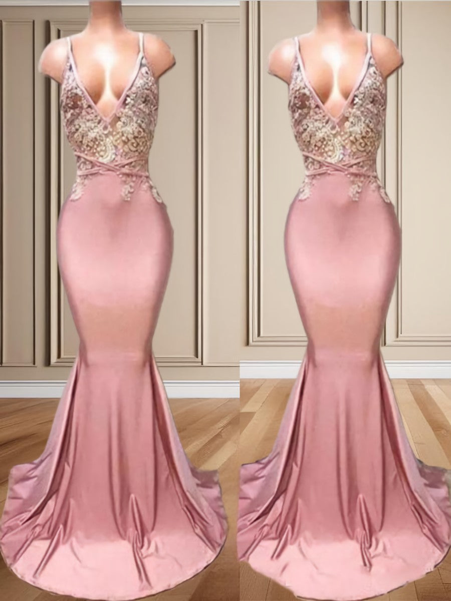 Prom Dresses For Curvy Figure, Mermaid V-neck Appliques Lace Sweep Train Charmeuse Dress