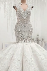 Wedding Dresses Silk, Mermaid V-neck Floor Length Backless Tulle Beading Applique Wedding Dress
