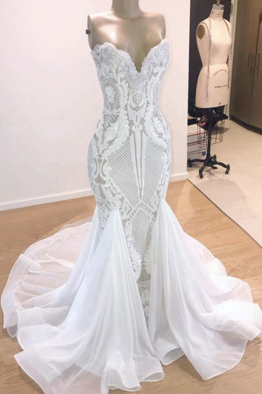 Wedding Dresses Outfit, Mermaid V-neck Floor Length Sleeveless Tulle Applique Wedding Dress