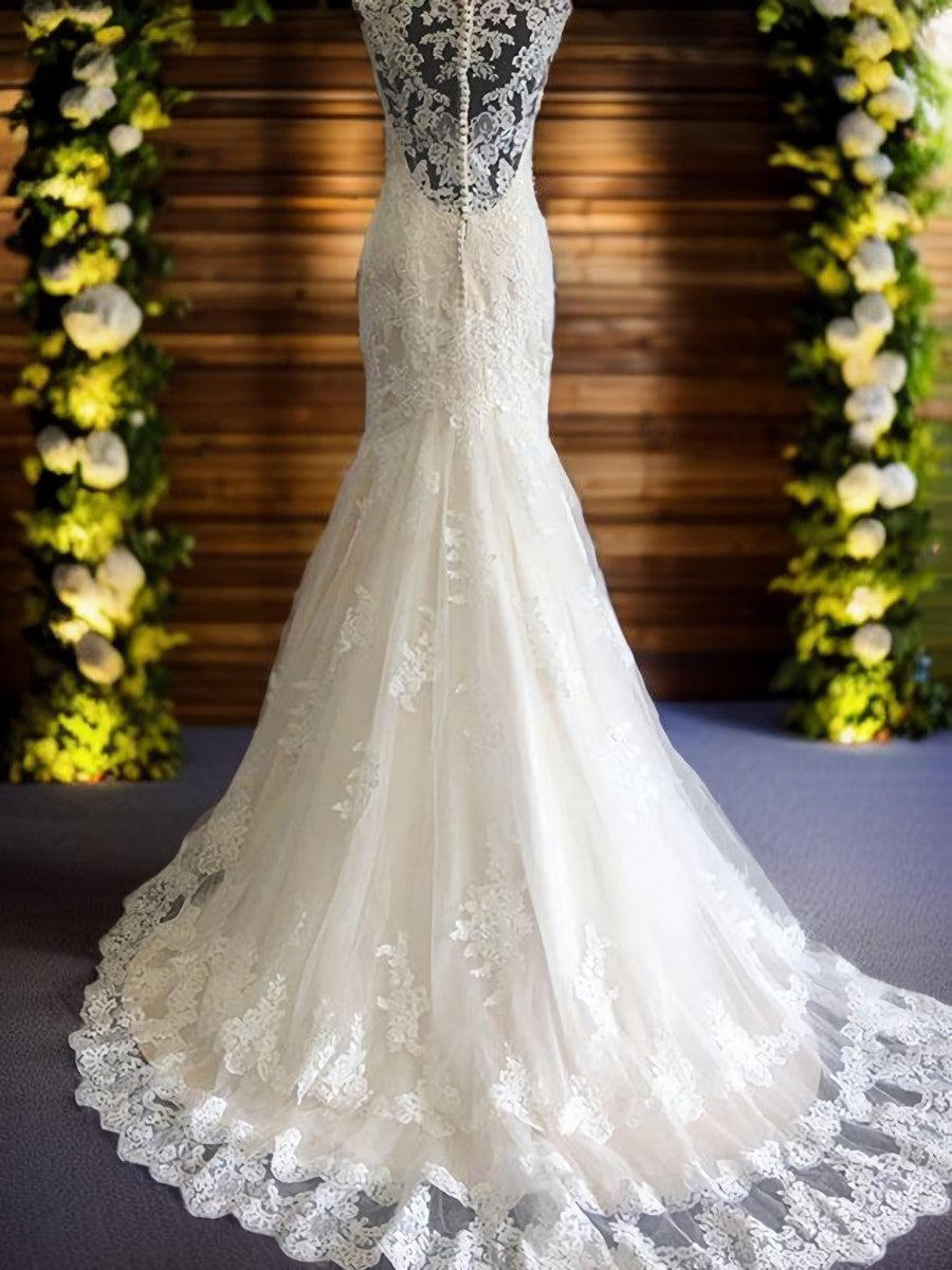 Wedding Dress Uk, Mermaid V-neck Lace Sweep Train Tulle Wedding Dress