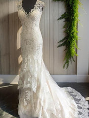 Weddings Dresses Uk, Mermaid V-neck Lace Sweep Train Tulle Wedding Dress