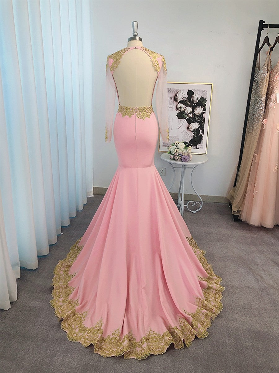 Bridesmaid Dresses Different Styles, Mermaid V-neck Long Sleeves Appliques Lace Sweep Train Charmeuse Dress