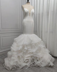 Wedding Dressing Gowns, Mermaid V-neck Long Train Chiffon Lotus Leaf Hem Wedding Dress