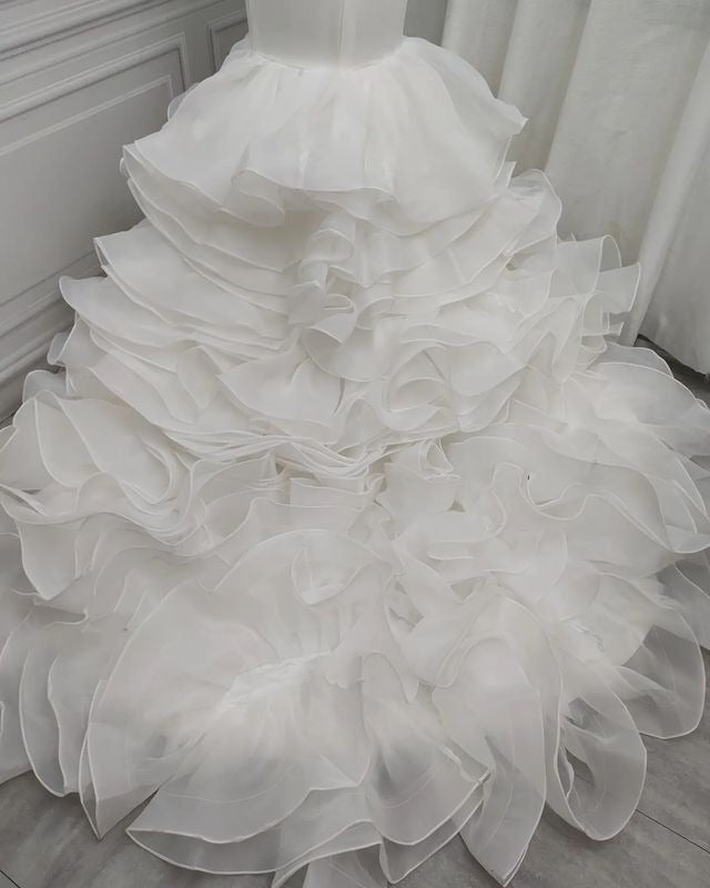 Wedding Dressing Gown, Mermaid V-neck Long Train Chiffon Lotus Leaf Hem Wedding Dress