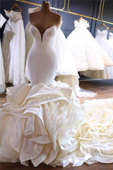 Wedding Dresses Gown, Mermaid V-neck Long Train Chiffon Lotus Leaf Hem Wedding Dress