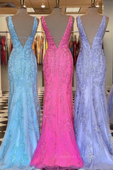 Bridesmaid Dress Spring, Mermaid V Neck Open Back Lace Long Prom Dress, Mermaid Formal Evening Dress