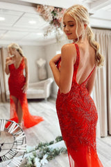 Mermaid V Neck Red Long Prom Dress with Embroidery