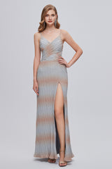 Party Dresses Lace, Mermaid V-Neck Ruched Long Prom Dresses with Slit
