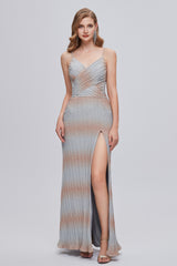 Party Dresses Winter, Mermaid V-Neck Ruched Long Prom Dresses with Slit