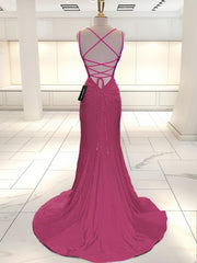 Prom Dress Modest, Mermaid V-neck Ruffles Sweep Train Jersey Dress