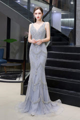 Country Wedding, Mermaid V Neck Sleeveless Floor Length Prom Dresses With Crystal Beading