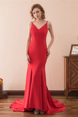 Party Dress High Neck, Mermaid V-Neck Spaghetti Straps Red Satin Prom Dresses