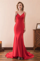 Corset Prom Dress, Mermaid V-Neck Spaghetti Straps Red Satin Prom Dresses