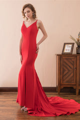 Party Outfit Night, Mermaid V-Neck Spaghetti Straps Red Satin Prom Dresses