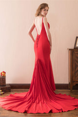 Formal Attire, Mermaid V-Neck Spaghetti Straps Red Satin Prom Dresses