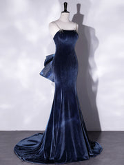 Homecoming Dress Blue, Mermaid Velvet Blue Long Prom Dresses, Blue Velvet Long Evening Dress