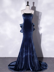 Homecomeing Dresses Blue, Mermaid Velvet Blue Long Prom Dresses, Blue Velvet Long Evening Dress