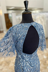 Bridesmaids Dress Online, Mist Mermaid Sequined Flaunt Sleeves Keyhole Tulle Mother of Bride Dress