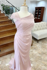 Prom Dresses Open Backs, Pink Asymmetrical Mermaid Satin Long Mother of Bride Dress
