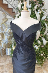 Prom Dresses 2038 Blue, Black Floral Appliques Off-Shoulder Mermaid Long Mother of Bride Dress with Slit