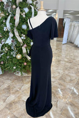 Prom Dresses For Black, Black One Shoulder Mermaid Ruffle Long Mother of Bride Dress with Slit