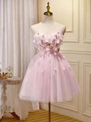 Prom Dress Patterns, Mini/Short Pink Prom Dress, Cute Pink Homecoming Dresses with Beading Applique