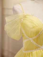 Prom Dress Shops Nearby, Mini/Short Yellow Prom Dresses, Yellow Cute Homecoming Dress With Beading Lace
