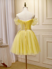 Prom Dresses For Skinny Body, Mini/Short Yellow Prom Dresses, Yellow Cute Homecoming Dress With Beading Lace