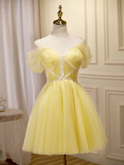 Prom Dresses For Black, Mini/Short Yellow Prom Dresses, Yellow Cute Homecoming Dress With Beading Lace