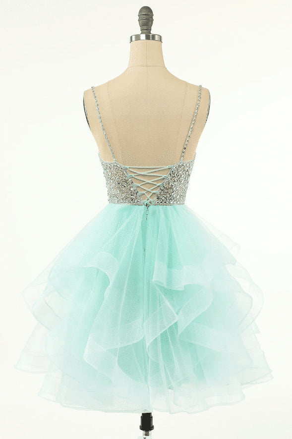 Evening Dresses Knee Length, Mint Green Beaded Layered Tulle Homecoming Dress