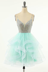 Evening Dress Knee Length, Mint Green Beaded Layered Tulle Homecoming Dress