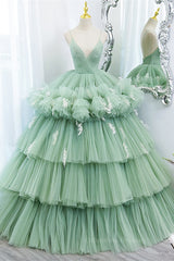 Bridesmaid Dress Sale, Mint Green Deep V Neck Pleated Straps Ruffle-Layers Maxi Formal Dress