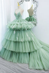 Bridesmaid Dress Custom, Mint Green Deep V Neck Pleated Straps Ruffle-Layers Maxi Formal Dress